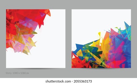 Abstract bright colorful template with polygonal random shapes on white background. Spikes of color burst create artistic border. Modern minimal geometric banner design.