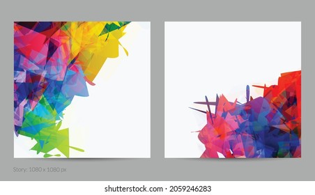 Abstract bright colorful template with polygonal random shapes on white background. Spikes of color burst create artistic border. Modern minimal geometric banner design.