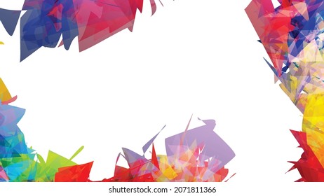 Abstract bright colorful template with polygonal random shapes on white background. Spikes of color burst create artistic border. Modern minimal geometric banner design.
