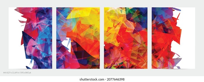 Abstract bright colorful template with polygonal random shapes on white background. Spikes of color burst create artistic border. Modern minimal geometric banner design.