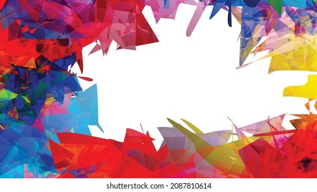 Abstract bright colorful template with polygonal random shapes on white background. Spikes of color burst create artistic border. Modern minimal geometric banner design.
