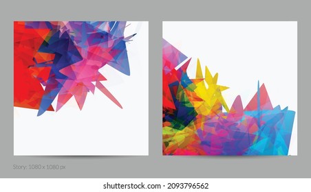 Abstract bright colorful template with polygonal random shapes on white background. Spikes of color burst create artistic border. Modern minimal geometric banner design.