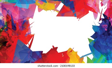 Abstract bright colorful template with polygonal random shapes on white background. Spikes of color burst create artistic border. Modern minimal geometric banner design.