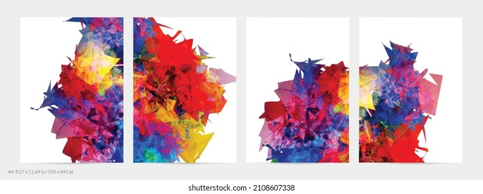 Abstract bright colorful template with polygonal random shapes on white background. Spikes of color burst create artistic border. Modern minimal geometric banner design.