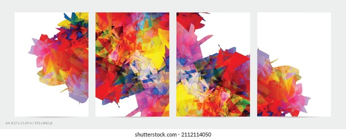 Abstract bright colorful template with polygonal random shapes on white background. Spikes of color burst create artistic border. Modern minimal geometric banner design.