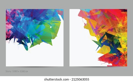 Abstract bright colorful template with polygonal random shapes on white background. Spikes of color burst create artistic border. Modern minimal geometric banner design.