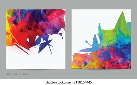 Abstract bright colorful template with polygonal random shapes on white background. Spikes of color burst create artistic border. Modern minimal geometric banner design.