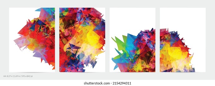 Abstract bright colorful template with polygonal random shapes on white background. Spikes of color burst create artistic border. Modern minimal geometric banner design.