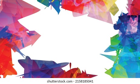 Abstract bright colorful template with polygonal random shapes on white background. Spikes of color burst create artistic border. Modern minimal geometric banner design.