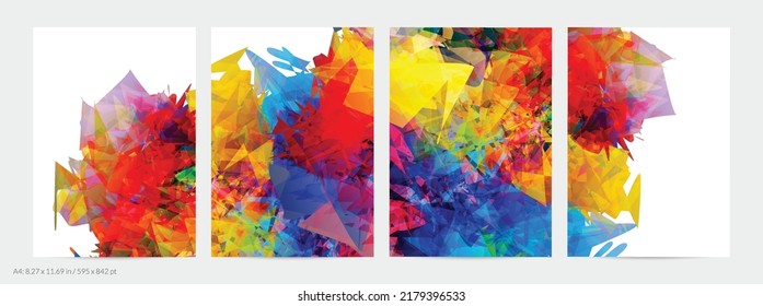 Abstract bright colorful template with polygonal random shapes on white background. Spikes of color burst create artistic border. Modern minimal geometric banner design.