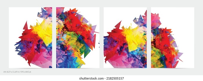 Abstract bright colorful template with polygonal random shapes on white background. Spikes of color burst create artistic border. Modern minimal geometric banner design.