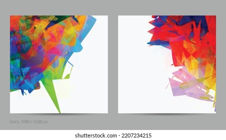 Abstract bright colorful template with polygonal random shapes on white background. Spikes of color burst create artistic border. Modern minimal geometric banner design.