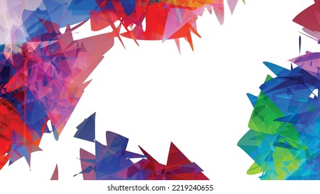 Abstract bright colorful template with polygonal random shapes on white background. Spikes of color burst create artistic border. Modern minimal geometric banner design.