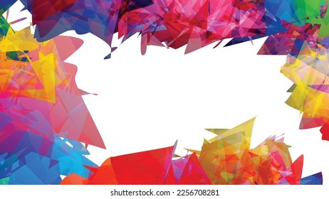Abstract bright colorful template with polygonal random shapes on white background. Spikes of color burst create artistic border. Modern minimal geometric banner design.