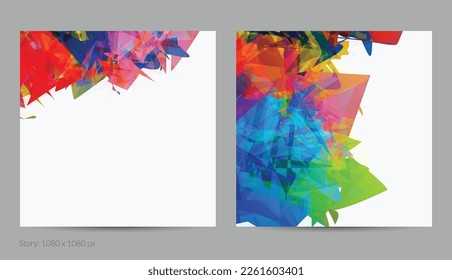 Abstract bright colorful template with polygonal random shapes on white background. Spikes of color burst create artistic border. Modern minimal geometric banner design.