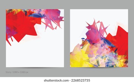 Resumen de una plantilla colorida brillante con formas aleatorias poligonales sobre fondo blanco. Los brotes de color crean un borde artístico. Diseño de banner geométrico moderno y mínimo.
