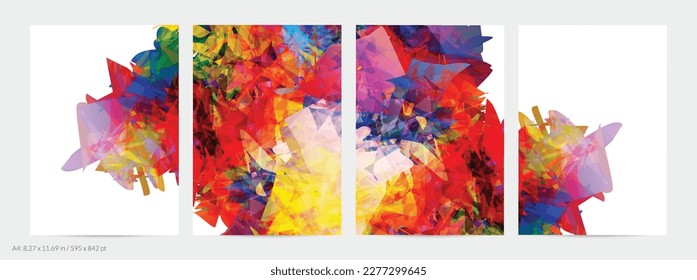 Abstract bright colorful template with polygonal random shapes on white background. Spikes of color burst create artistic border. Modern minimal geometric banner design.