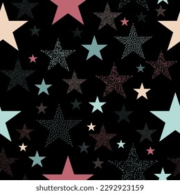 Abstract bright colorful universe, Rainbow colored stars, Summer night starry sky, Stars and scrapes are laid out in an interesting seamless pattern.