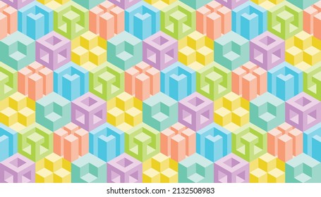 Motif abstrait géométrique harmonieux 3d aux couleurs vives. cubes hexagonaux isométriques illusion d'optique arrière-plan moderne et répétitif.