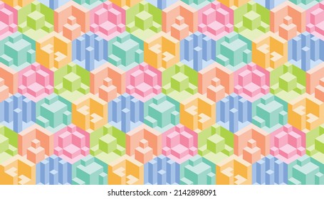 Abstrakte helle Farben 3d geometrisches, nahtloses Muster. Isometrische sechseckige Würfel optische Täuschung modernen, sich wiederholenden Hintergrund.