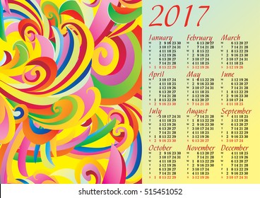 Abstract bright colors calendar for 2017.Vector .