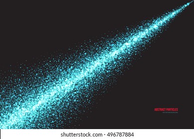 Abstract bright cyan shimmer glowing round falling particles vector background. Scatter shine tinsel light explosion effect. Sparkle blue dots. Celebration, holidays and party illustration