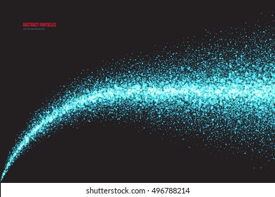 Abstract bright cyan shimmer glowing round falling particles vector background. Scatter shine tinsel light explosion effect. Sparkle blue dots. Celebration, holidays and party illustration
