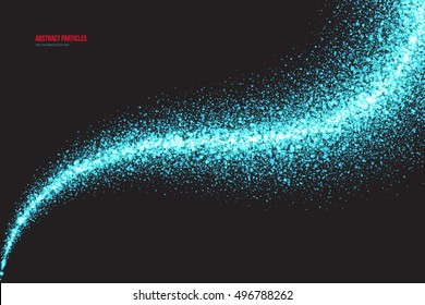 Abstract bright cyan shimmer glowing round falling particles vector background. Scatter shine tinsel light explosion effect. Sparkle blue dots. Celebration, holidays and party illustration