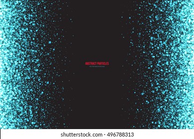 Abstract bright cyan shimmer glowing round falling particles vector background. Scatter shine tinsel light explosion effect. Sparkle blue dots. Celebration, holidays and party illustration