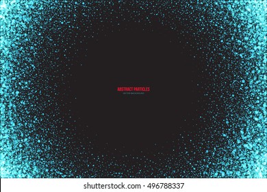Abstract bright cyan shimmer glowing round falling particles vector background. Scatter shine tinsel light explosion effect. Sparkle blue dots. Celebration, holidays and party illustration
