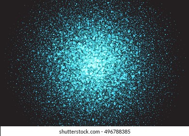 Abstract bright cyan shimmer glowing round falling particles vector background. Scatter shine tinsel light explosion effect. Sparkle blue dots. Celebration, holidays and party illustration