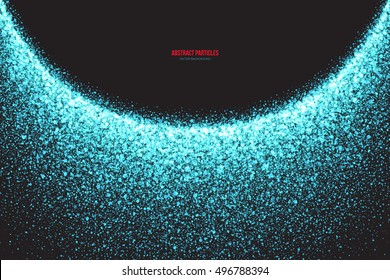 Abstract bright cyan shimmer glowing round falling particles vector background. Scatter shine tinsel light explosion effect. Sparkle blue dots. Celebration, holidays and party illustration
