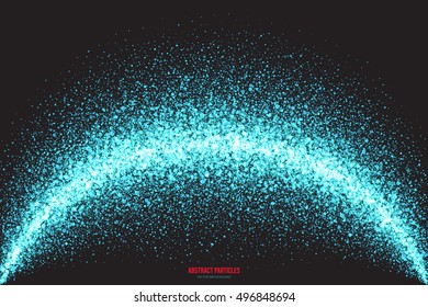 Abstract bright cyan shimmer glowing round falling particles vector background. Scatter shine tinsel light explosion effect. Sparkle blue dots. Celebration, holidays and party illustration