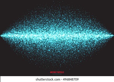 Abstract bright cyan shimmer glowing round falling particles vector background. Scatter shine tinsel light explosion effect. Sparkle blue dots. Celebration, holidays and party illustration