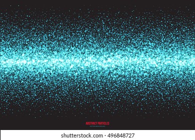 Abstract bright cyan shimmer glowing round falling particles vector background. Scatter shine tinsel light explosion effect. Sparkle blue dots. Celebration, holidays and party illustration