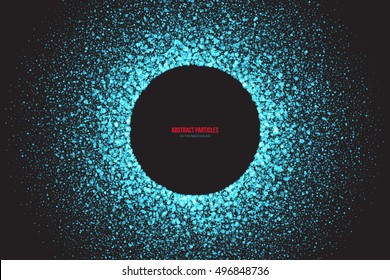 Abstract bright cyan shimmer glowing round falling particles vector background. Scatter shine tinsel light explosion effect. Sparkle blue dots. Celebration, holidays and party illustration