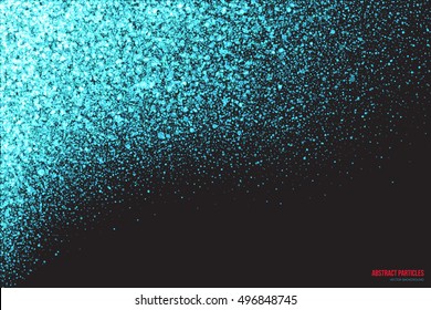 Abstract bright cyan shimmer glowing round falling particles vector background. Scatter shine tinsel light explosion effect. Sparkle blue dots. Celebration, holidays and party illustration
