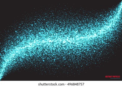 Abstract bright cyan shimmer glowing round falling particles vector background. Scatter shine tinsel light explosion effect. Sparkle blue dots. Celebration, holidays and party illustration