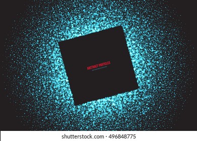Abstract bright cyan shimmer glowing round falling particles vector background. Scatter shine tinsel light explosion effect. Sparkle blue dots. Celebration, holidays and party illustration