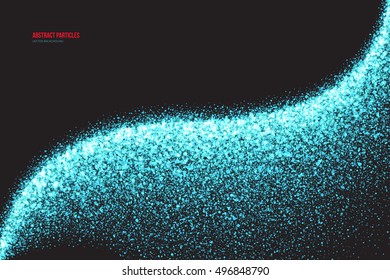 Abstract bright cyan shimmer glowing round falling particles vector background. Scatter shine tinsel light explosion effect. Sparkle blue dots. Celebration, holidays and party illustration