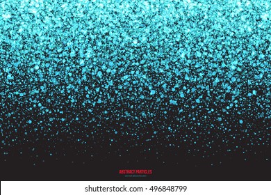 Abstract bright cyan shimmer glowing round falling particles vector background. Scatter shine tinsel light explosion effect. Sparkle blue dots. Celebration, holidays and party illustration