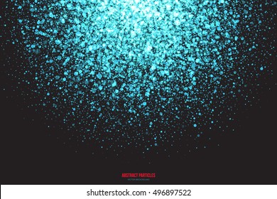 Abstract bright cyan shimmer glowing round falling particles vector background. Scatter shine tinsel light explosion effect. Sparkle blue dots. Celebration, holidays and party illustration