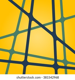 Abstract bright dark blue and green colors stripes cross on light yellow backdrop. Vivid layout 3d effect pattern thick lines Simple modern template with grid tapes elements on different levels layers