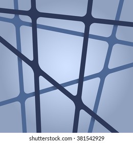 Abstract bright dark blue and pale colors stripes cross on light metal backdrop. Vivid layout 3d effect pattern thick lines. Simple modern template with grid tapes elements on different levels layers.