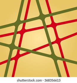 Abstract bright dark green and red colors stripes cross on light yellow backdrop. Vivid layout 3d effect pattern thick lines. Simple modern template with grid tapes elements on different levels layers