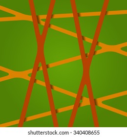 Abstract bright dark red and orange colors stripes cross on light green backdrop. Vivid layout 3d effect pattern thick lines. Simple modern template with grid tapes elements on different levels layers