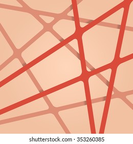 Abstract bright dark red and pale pink colors stripes cross on light backdrop. Vivid layout 3d effect pattern thick lines. Simple modern template with grid tapes elements on different levels layers.