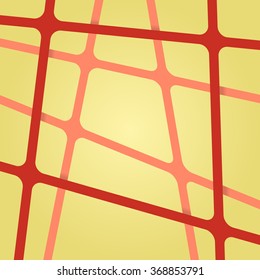 Abstract bright dark red and pink colors stripes cross on light yellow backdrop. Vivid layout 3d effect pattern thick lines. Simple modern template with grid tapes elements on different levels layers.