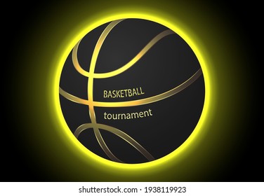 Abstract bright design. Glowing basketball ball with golden lines on a black background.