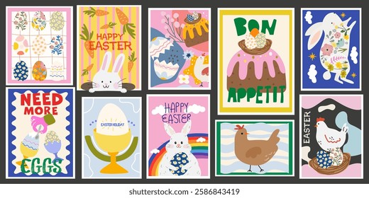 Abstract bright Easter posters in retro cartoon style for wall decor and greeting cards. Easter cake, eggs, chicken, bunny, flowers. Trendy editable vector template for banner and social media post